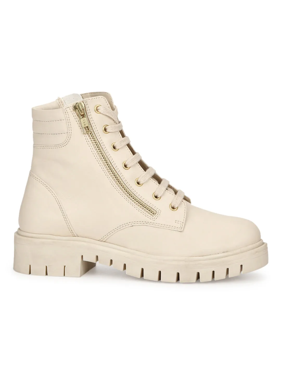 Cream Beige PU Lace Up Cleated Bottom Ankle Boots