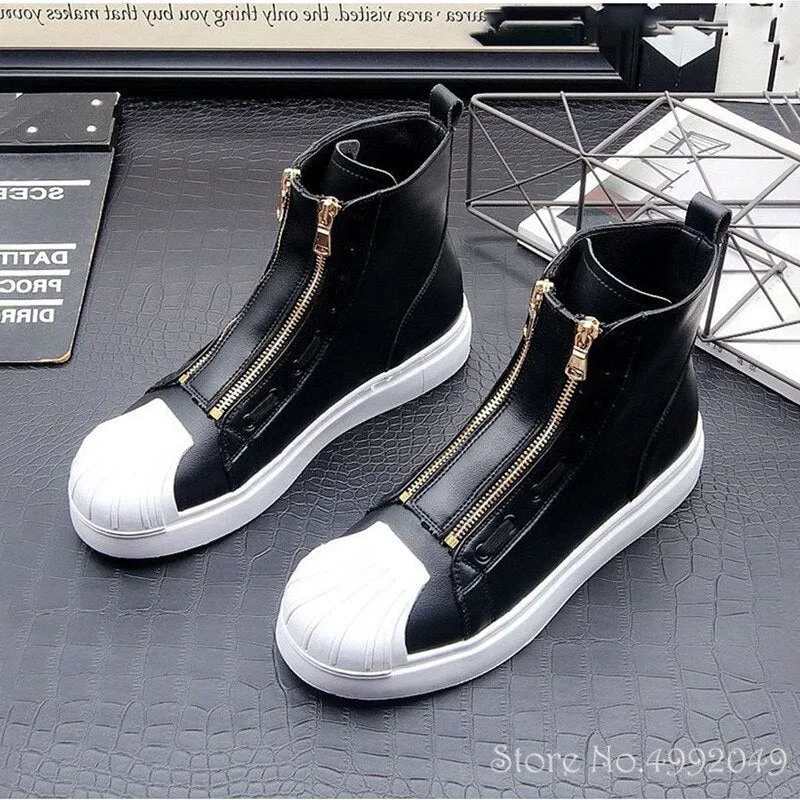 Designer New Men's Glossy Double Zippers Casual Flats High Top Shoes Zapatos Hombre Walking Out Of Office Sneakers Ankle Boots