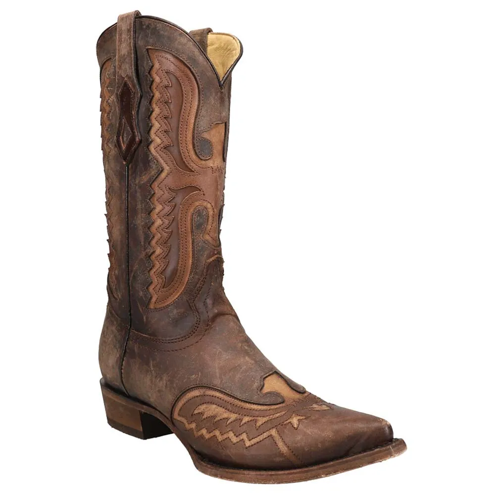 Distressed Tan Eagle and Embroidered Snip Toe Cowboy Boots