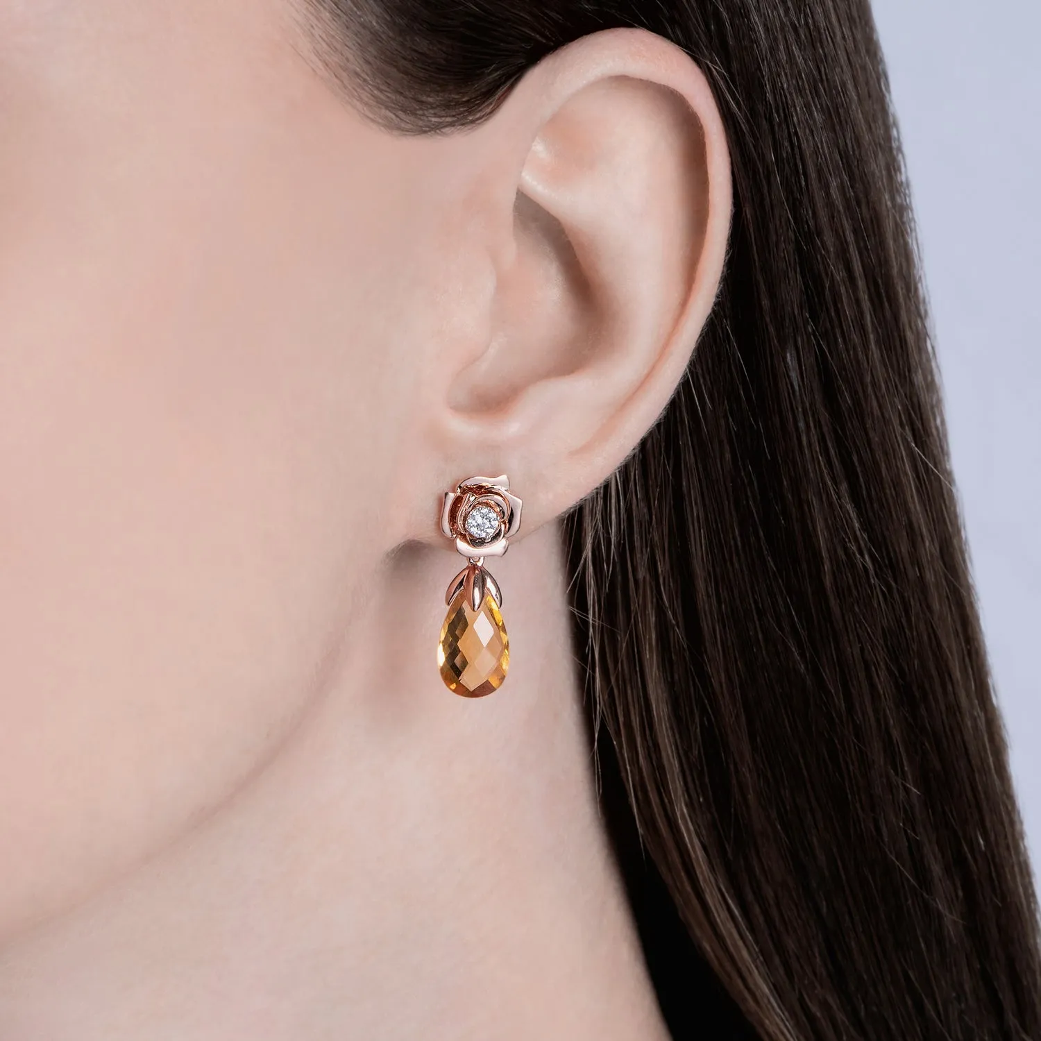 Enchanted Disney Fine Jewelry 14K White and Rose Gold with 1/10 cttw Diamond and Citrine Belle Rose Earrings