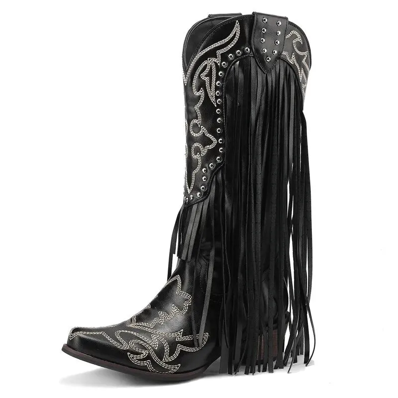 Exceptional Embroidery Fringed Knee High Western Boots