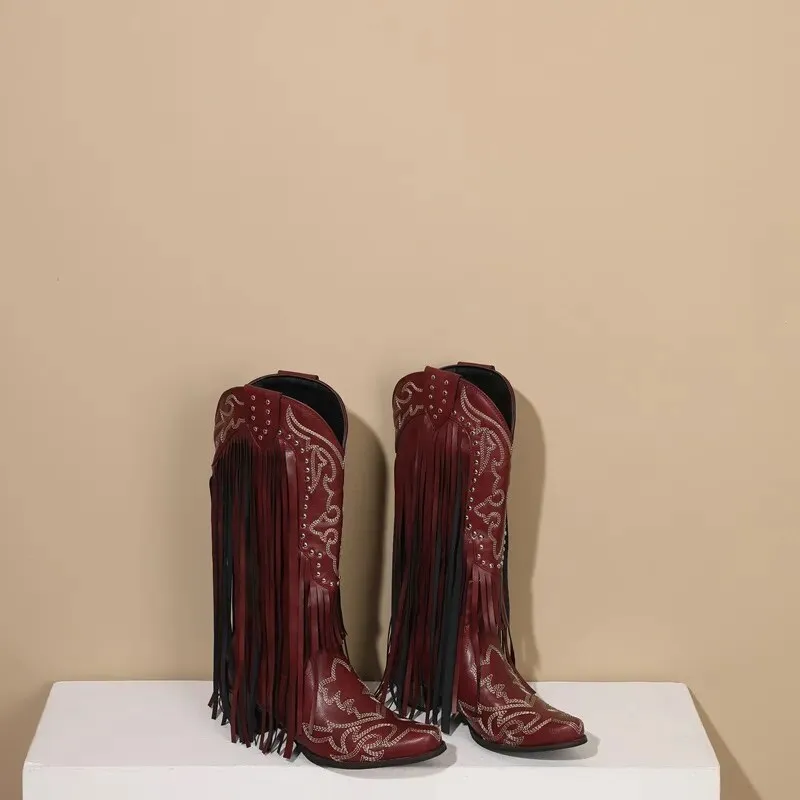 Exceptional Embroidery Fringed Knee High Western Boots