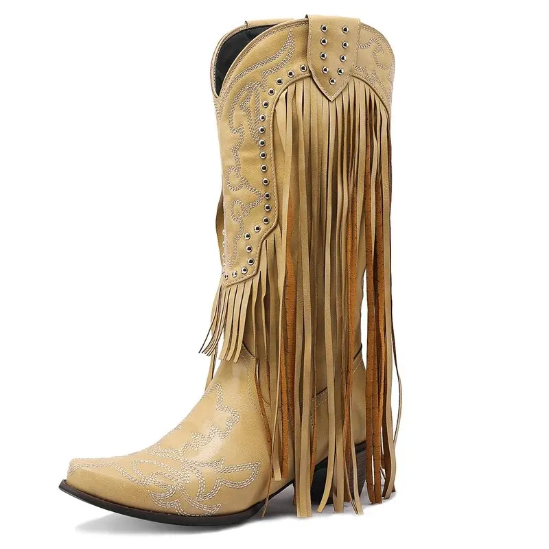 Exceptional Embroidery Fringed Knee High Western Boots