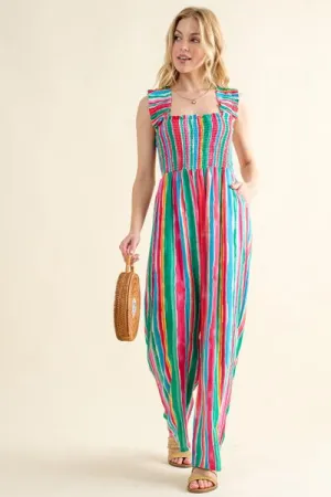 Explore More Collection - And The Why Full Size Striped Smocked Sleeveless Jumpsuit