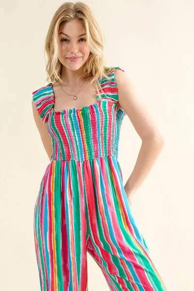 Explore More Collection - And The Why Full Size Striped Smocked Sleeveless Jumpsuit