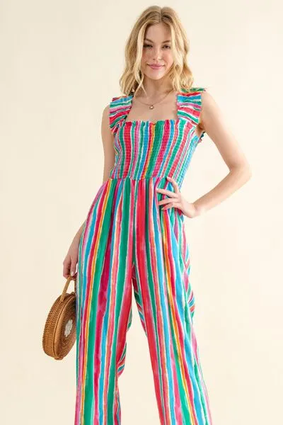 Explore More Collection - And The Why Full Size Striped Smocked Sleeveless Jumpsuit