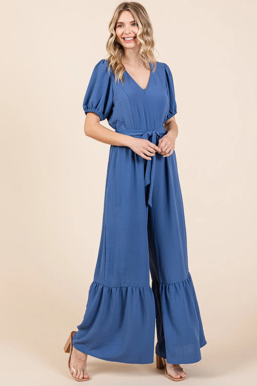 Explore More Collection - GeeGee Full Size V-Neck Belted Wide Leg Jumpsuit