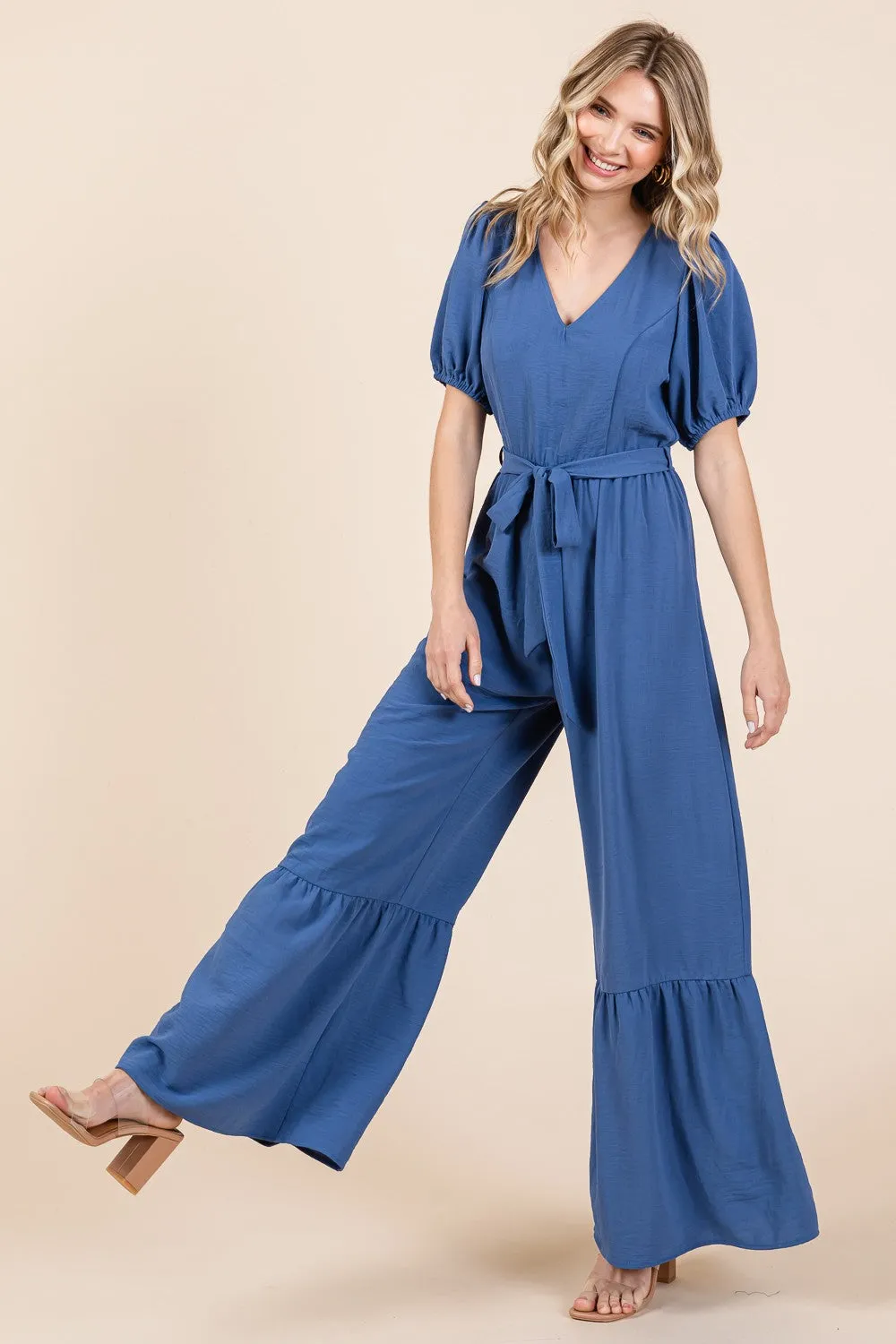 Explore More Collection - GeeGee Full Size V-Neck Belted Wide Leg Jumpsuit