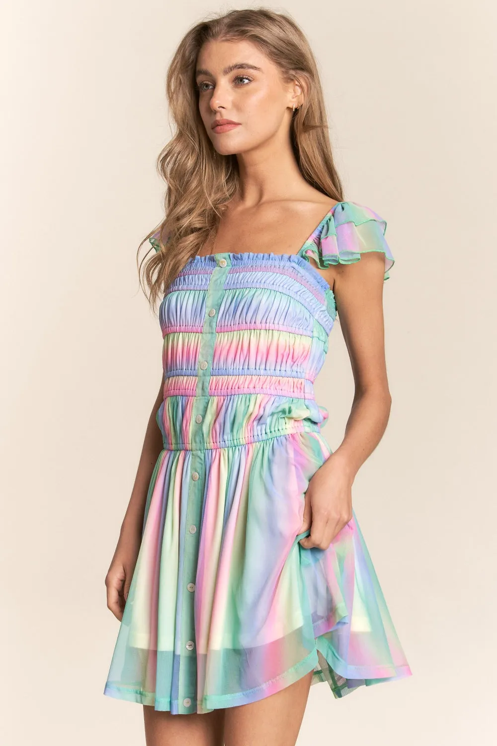 Explore More Collection - J.NNA Rainbow Smocked Mini Mesh Dress