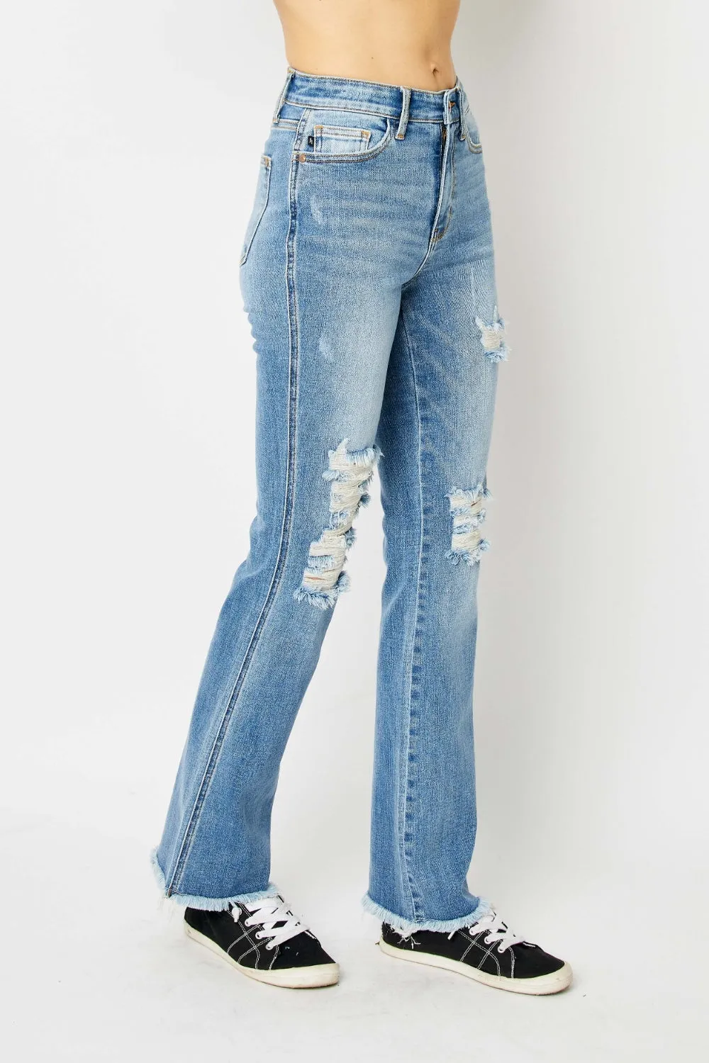 Explore More Collection - Judy Blue Full Size Distressed Raw Hem Bootcut Jeans