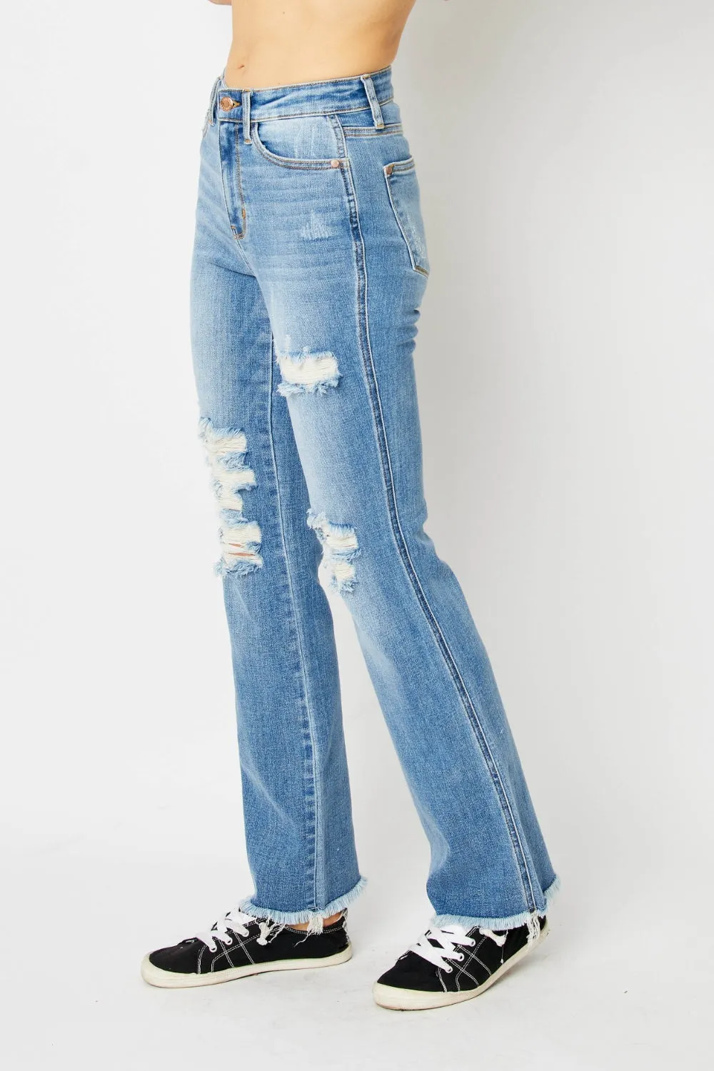 Explore More Collection - Judy Blue Full Size Distressed Raw Hem Bootcut Jeans