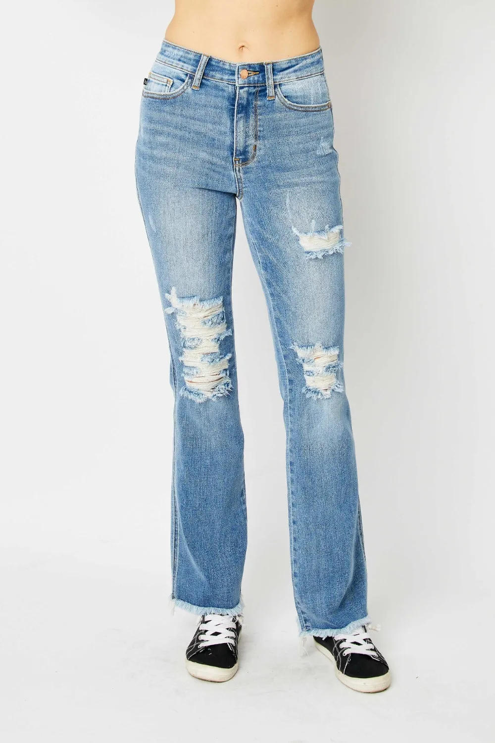 Explore More Collection - Judy Blue Full Size Distressed Raw Hem Bootcut Jeans