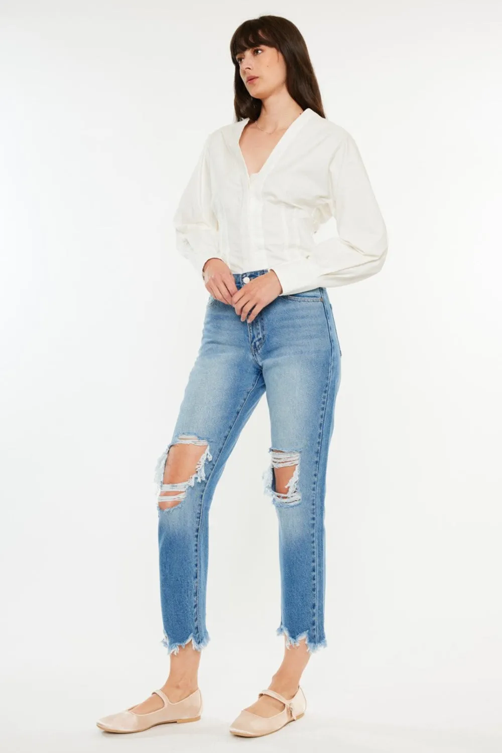 Explore More Collection - Kancan Distressed Frayed Hem Cropped Jeans