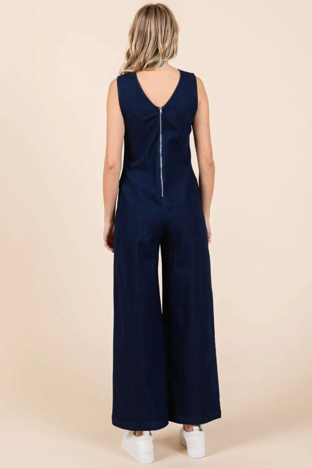 Explore More Collection - Mittoshop Sleeveless Wide Leg Denim Jumpsuit