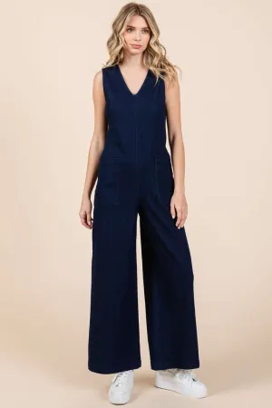 Explore More Collection - Mittoshop Sleeveless Wide Leg Denim Jumpsuit