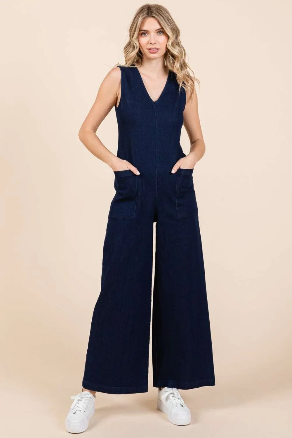 Explore More Collection - Mittoshop Sleeveless Wide Leg Denim Jumpsuit