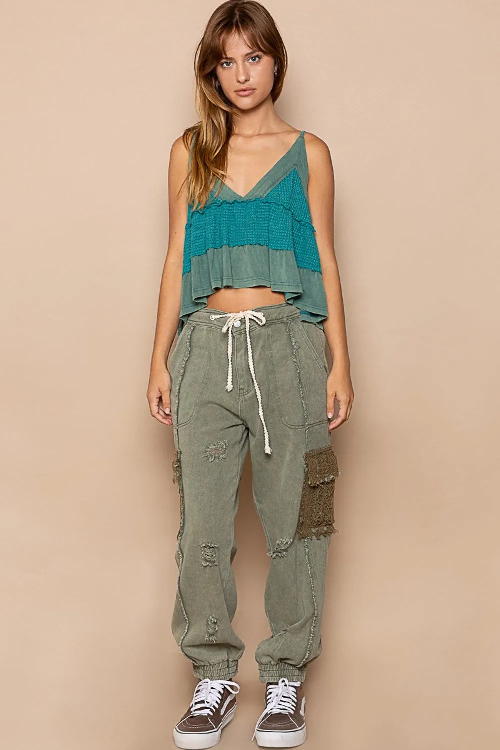 Explore More Collection - POL Distressed Cargo Denim Jogger with Crochet Pockets