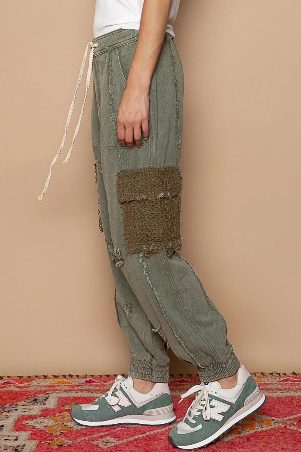 Explore More Collection - POL Distressed Cargo Denim Jogger with Crochet Pockets