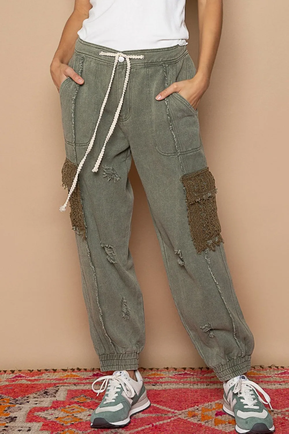 Explore More Collection - POL Distressed Cargo Denim Jogger with Crochet Pockets