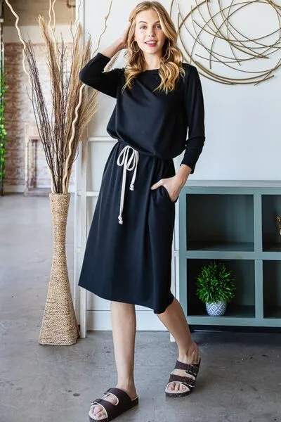 Explore More Collection - Reborn J Drawstring Waist Long Sleeve Tee Dress