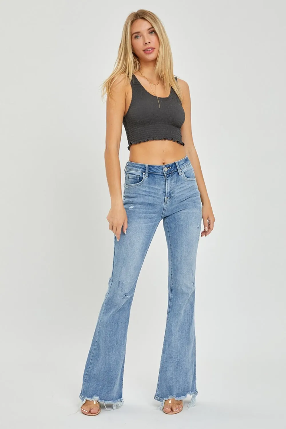 Explore More Collection - Risen Full Size High Rise Frayed Hem Flare Jeans