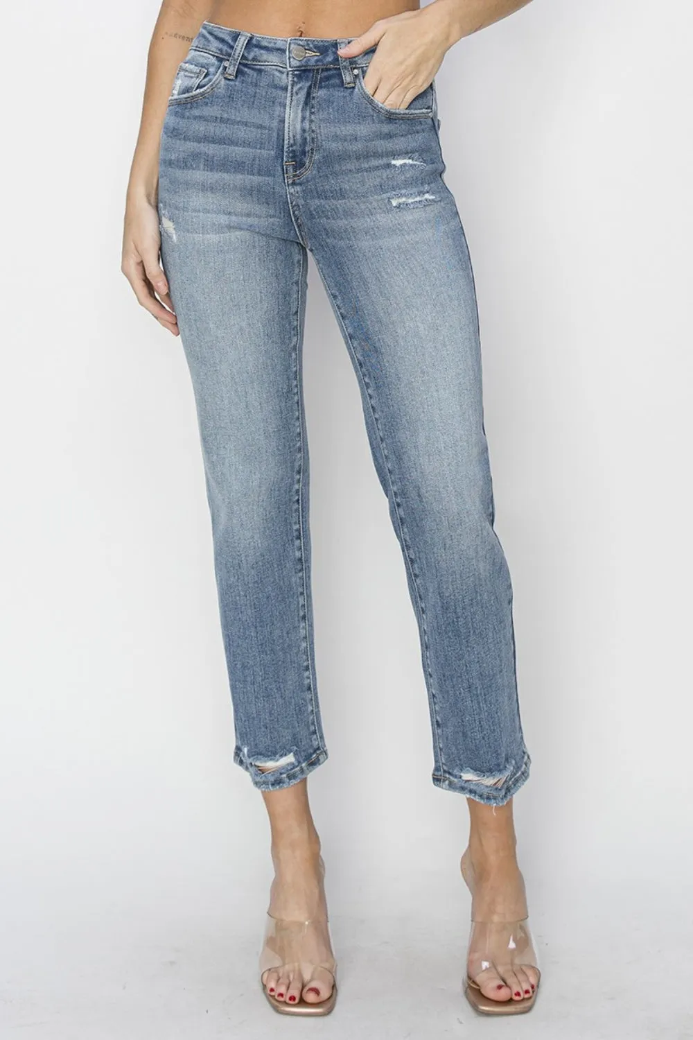 Explore More Collection - RISEN Full Size High Waist Distressed Cropped Jeans