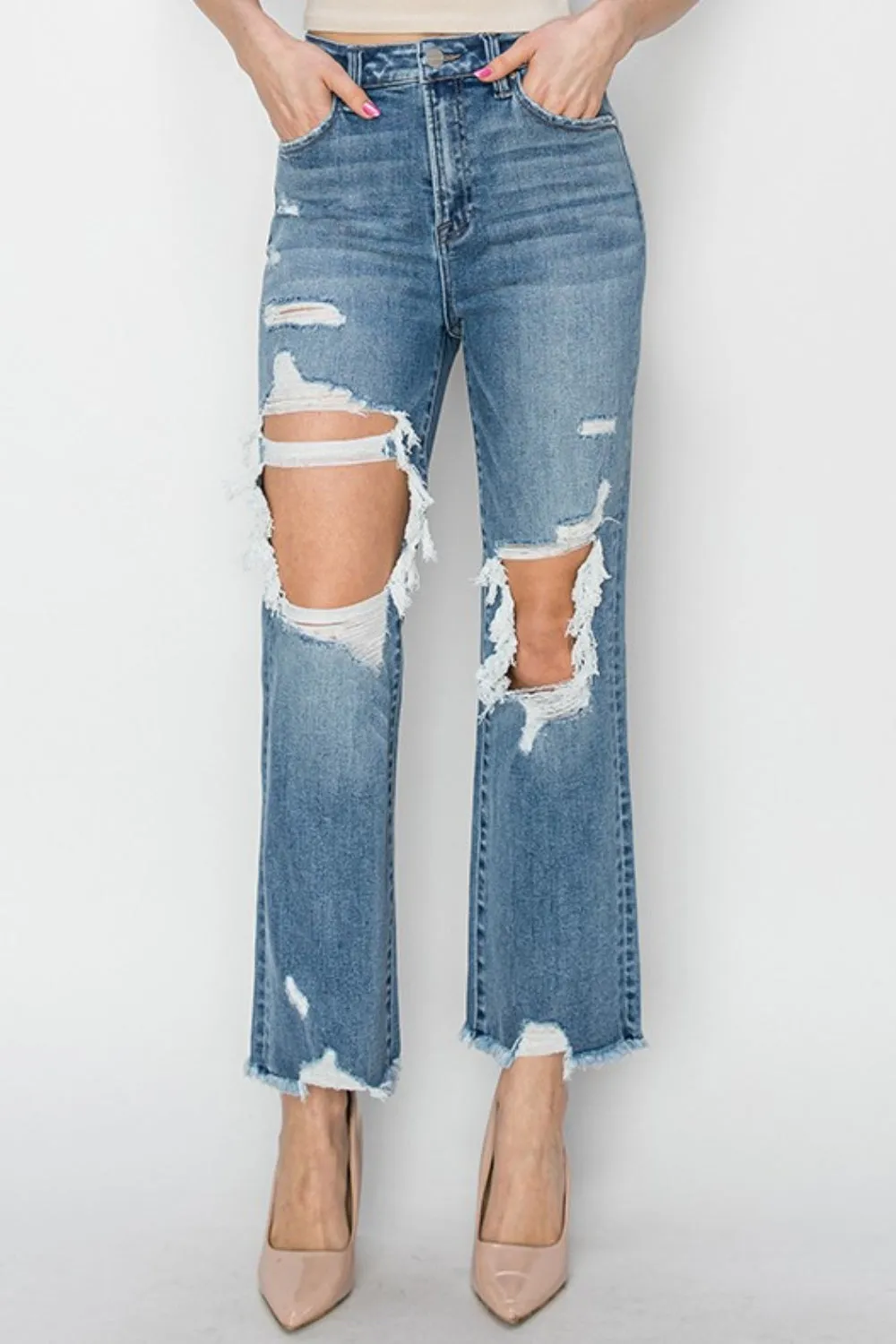 Explore More Collection - RISEN High Rise Distressed Crop Straight Jeans