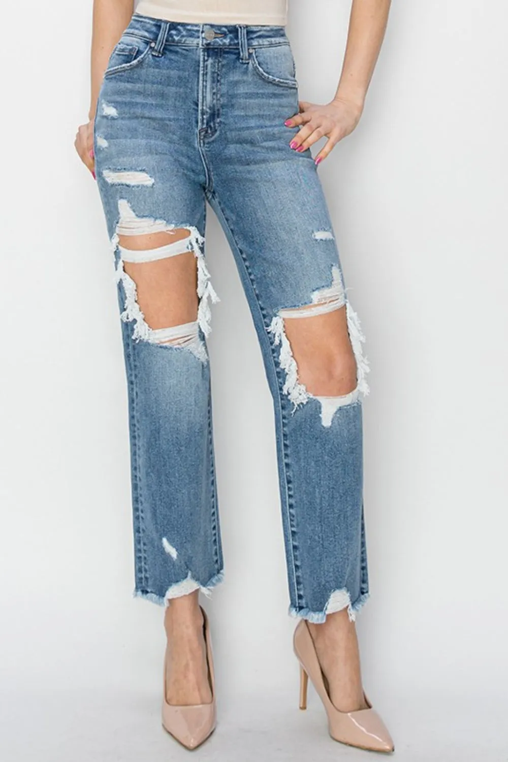 Explore More Collection - RISEN High Rise Distressed Crop Straight Jeans