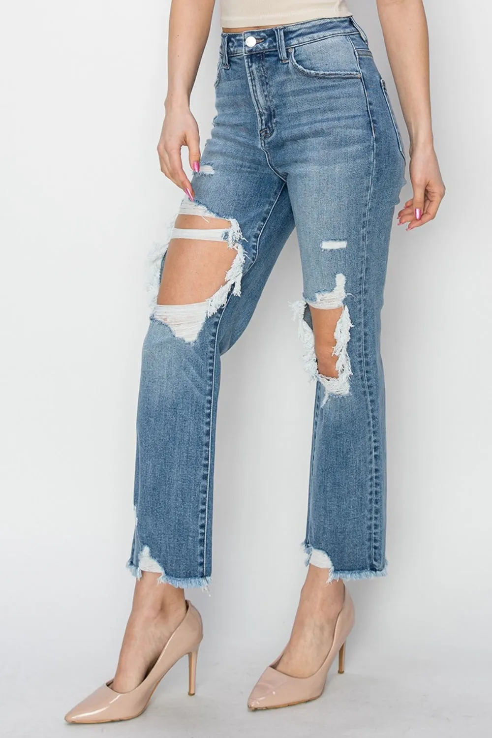 Explore More Collection - RISEN High Rise Distressed Crop Straight Jeans