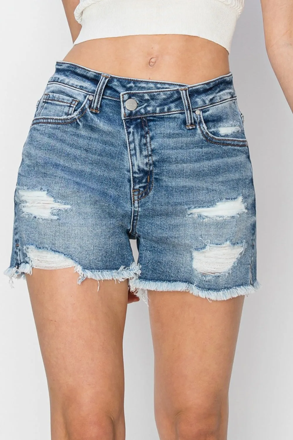 Explore More Collection - RISEN Stepped Waist Frayed Denim Shorts