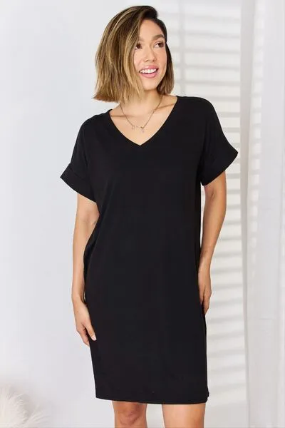 Explore More Collection - Zenana Full Size Rolled Short Sleeve V-Neck Dress