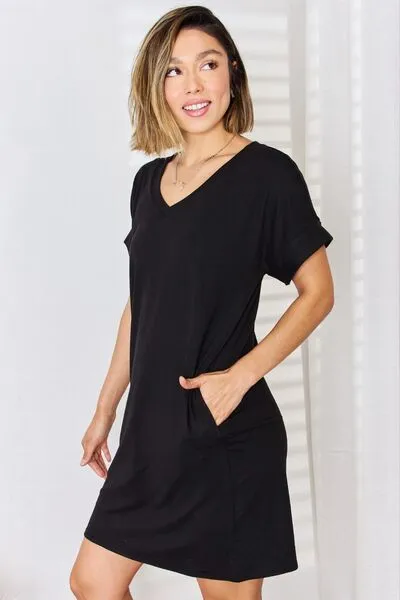 Explore More Collection - Zenana Full Size Rolled Short Sleeve V-Neck Dress