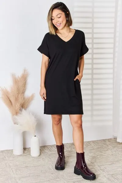 Explore More Collection - Zenana Full Size Rolled Short Sleeve V-Neck Dress