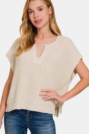 Explore More Collection - Zenana Short Sleeve Side Slit Sweater