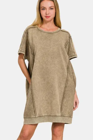 Explore More Collection - Zenana Washed Exposed Seam Mini Tee Dress