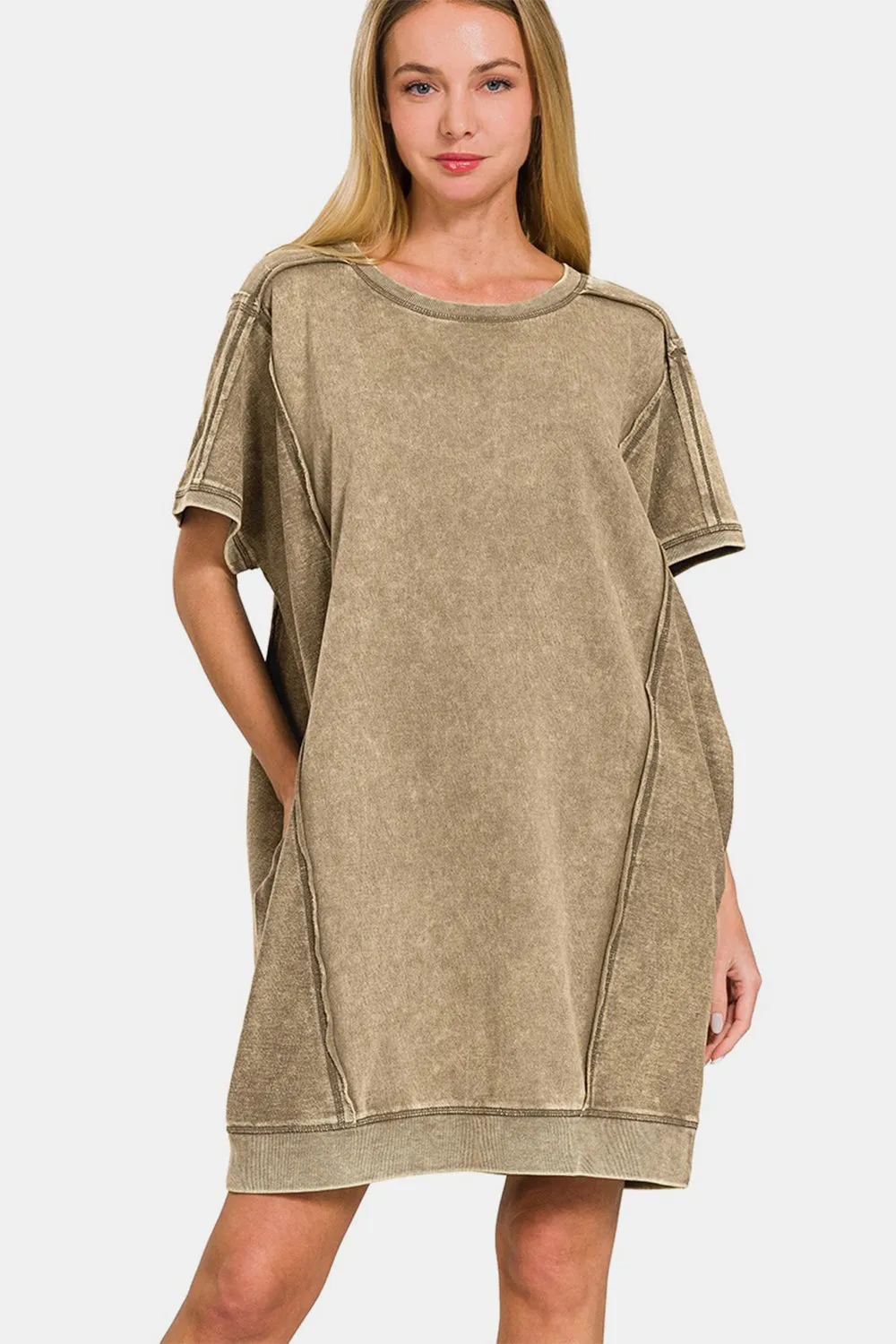 Explore More Collection - Zenana Washed Exposed Seam Mini Tee Dress