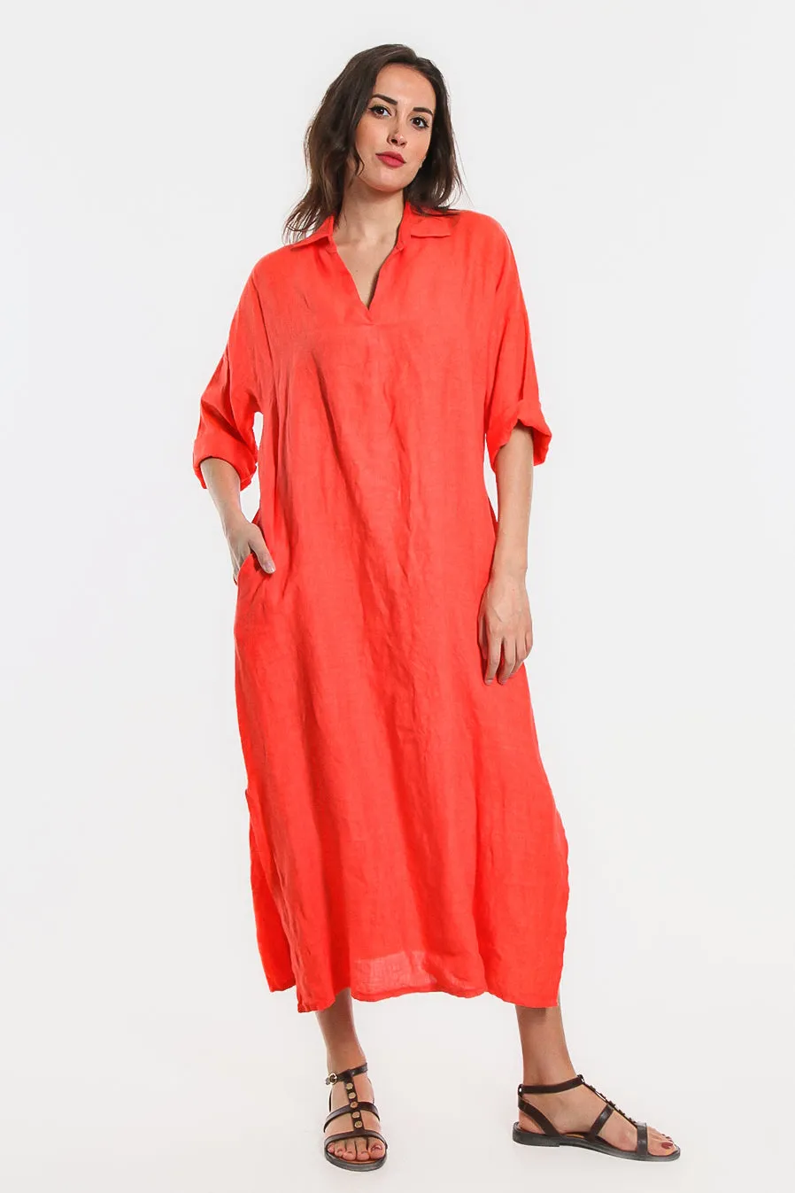 Fernanda Open Collar Linen Dress (DQ107)