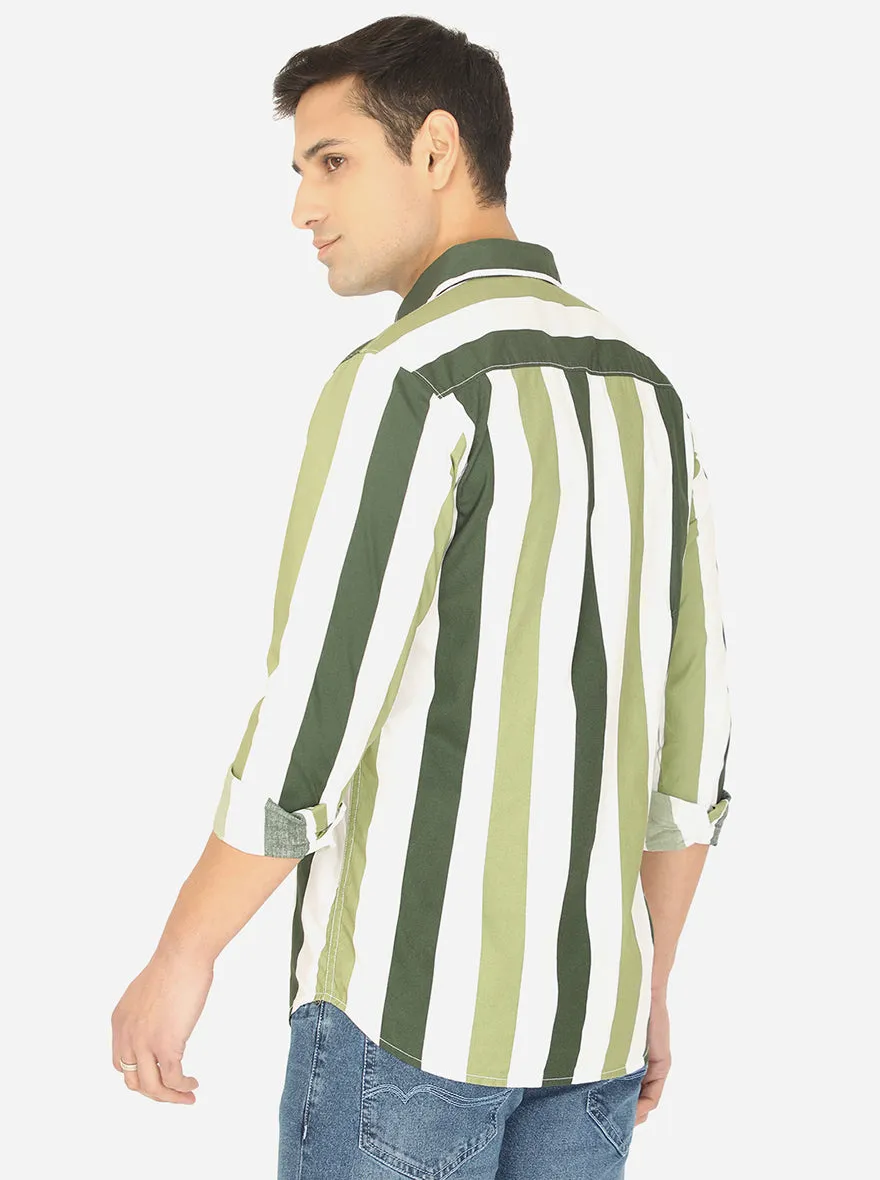 Forest Green & White Striped Slim Fit Semi Casual Shirt | JadeBlue