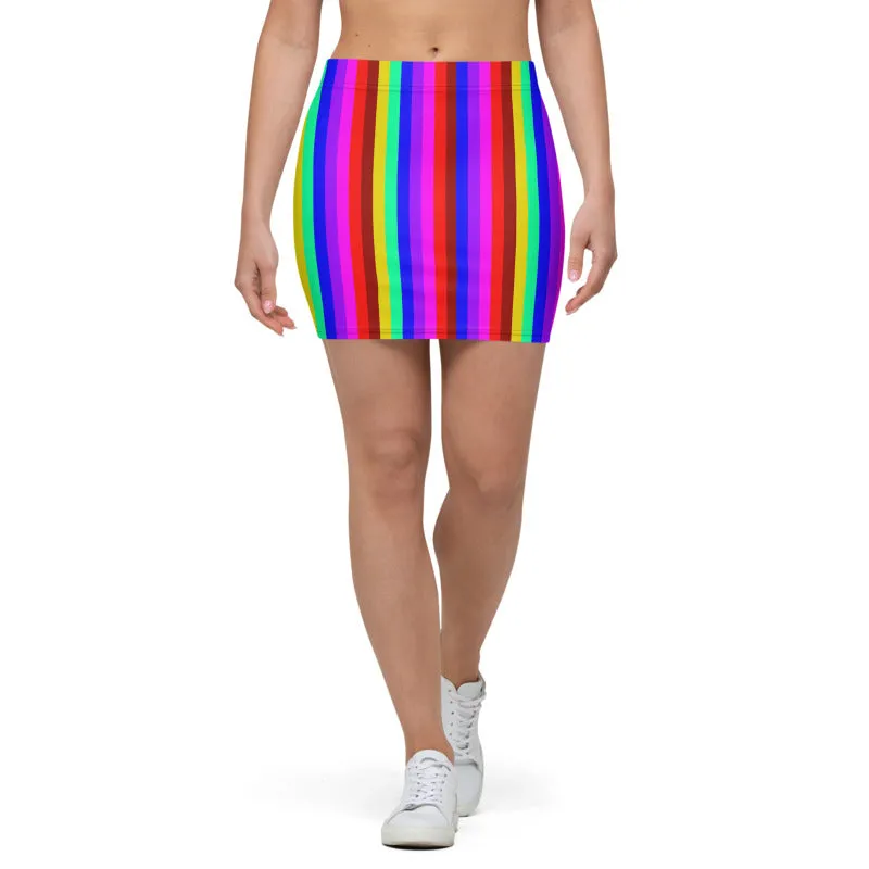 Gay Pride Rainbow Stripe Skirt, Vertical Striped Colorful Women's Mini Skirt-Made in USA/EU