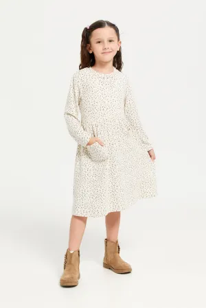 Girls Beige Printed Dress