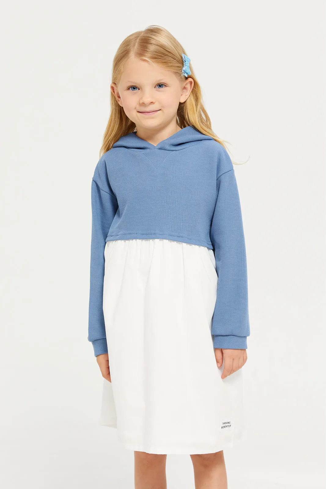 GIrls Blue And White Hooded Dress