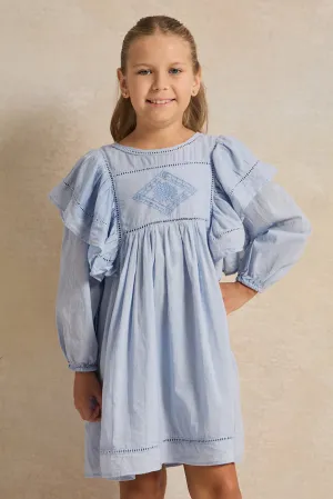 Girls Blue Embroidered Dress