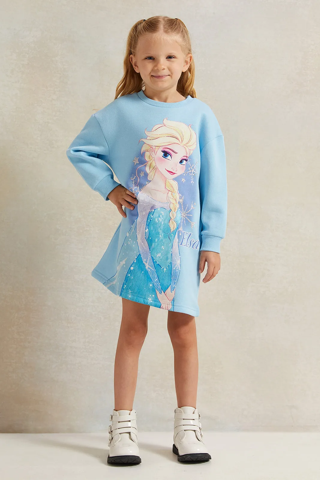 Girls Blue Printed Sweatshirt Dress