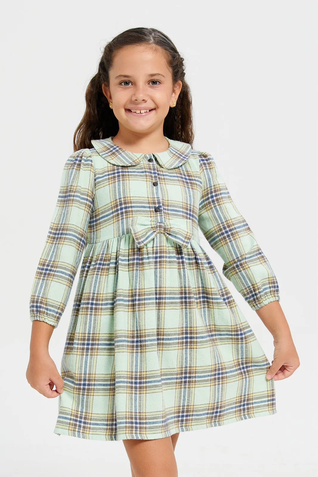 Girls Green Checkered Dress