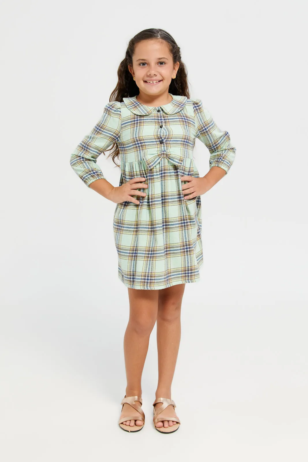 Girls Green Checkered Dress