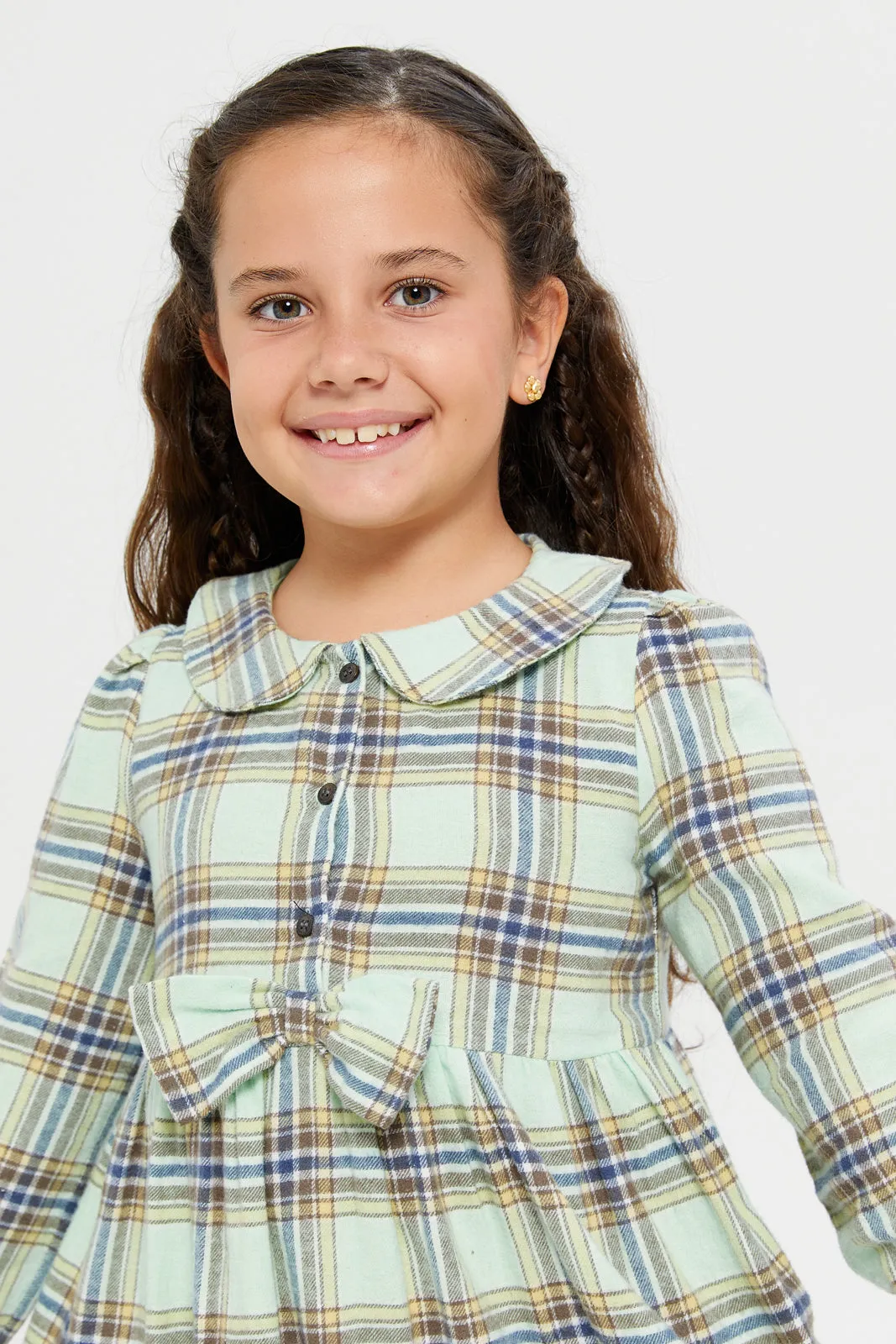 Girls Green Checkered Dress