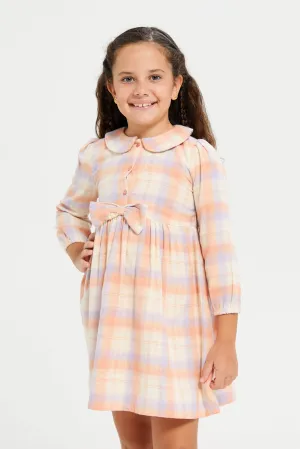 Girls Peach Checkered Dress