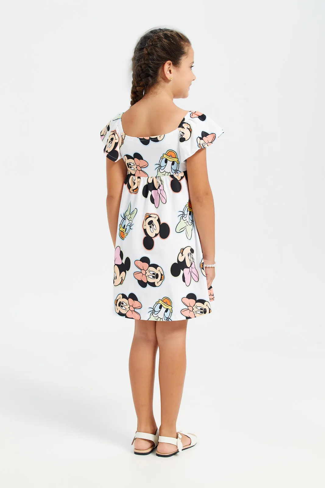 Girls White Minnie Mouse Print Dress