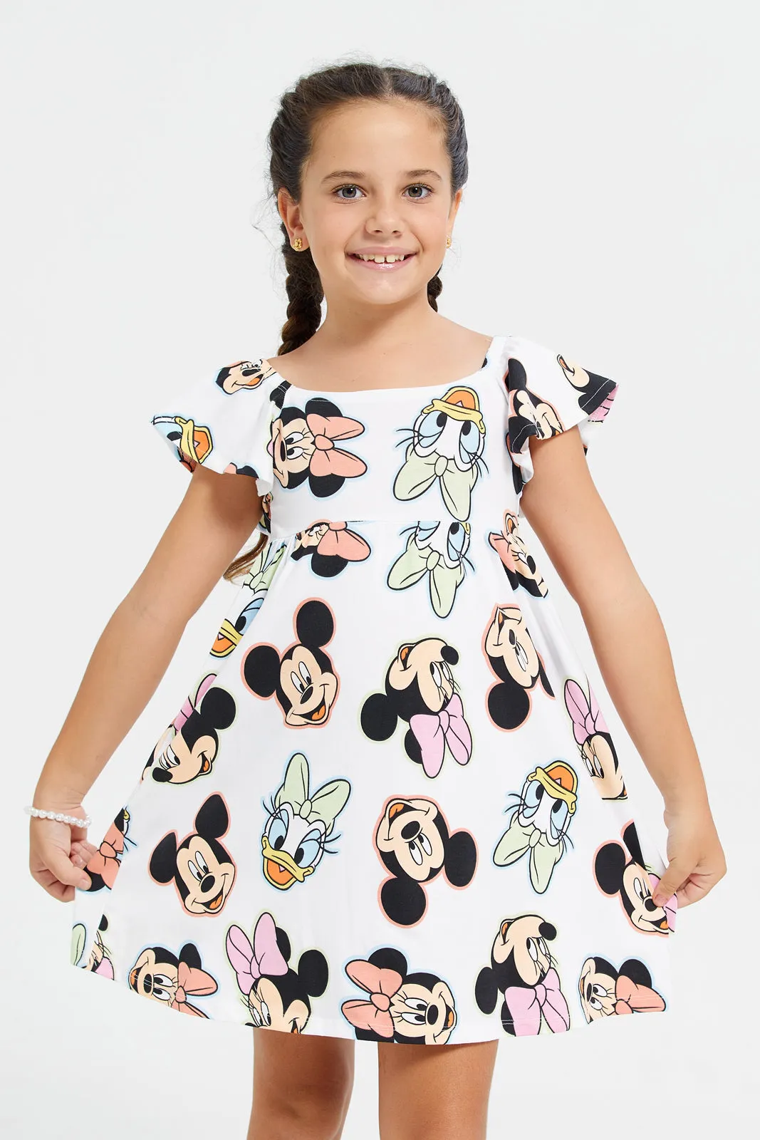 Girls White Minnie Mouse Print Dress