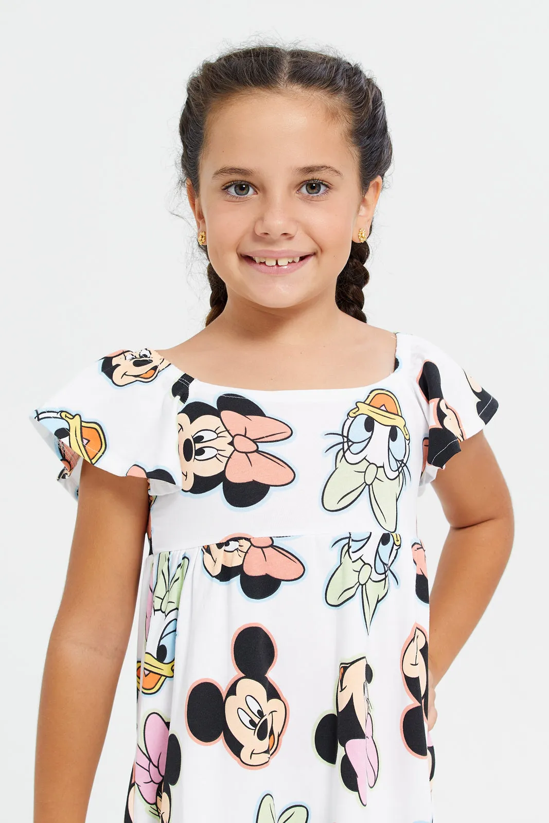 Girls White Minnie Mouse Print Dress